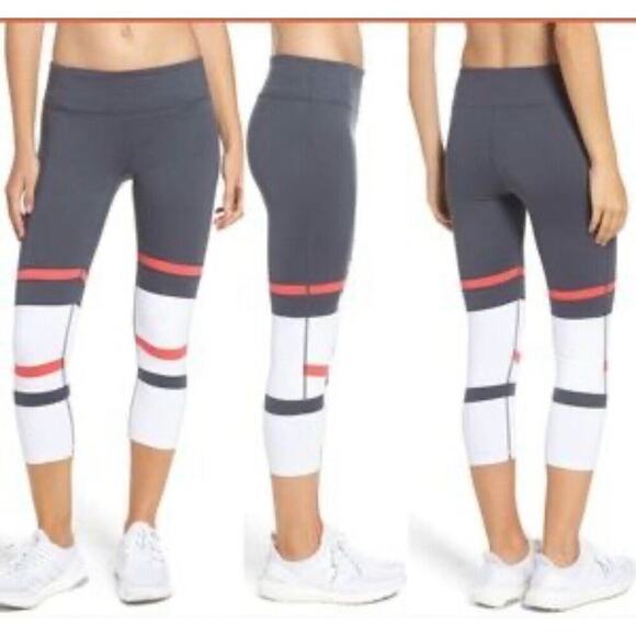 Zella Fierce Gym Crop Legging Size Medium Steel Gray White Color Block Stripes - Picture 1 of 4